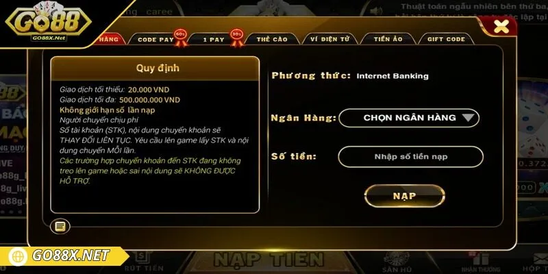 Nạp tiền Go88 qua ngân hàng là phương thức thanh toán phổ biến